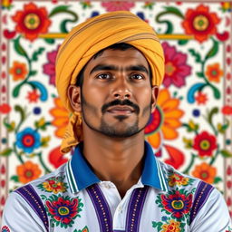A portrait of a famous male cricket player, inspired by Mithila culture, wearing a traditional Mithila pag (headgear)