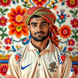 A portrait of a famous male cricket player, inspired by Mithila culture, wearing a traditional Mithila pag (headgear)