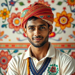 A portrait of a famous male cricket player, inspired by Mithila culture, wearing a traditional Mithila pag (headgear)
