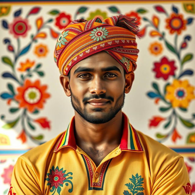 A portrait of a famous male cricket player, inspired by Mithila culture, wearing a traditional Mithila pag (headgear)