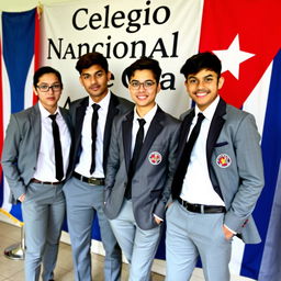 Attractive young adults in school uniforms, featuring gray trousers, white shirts, and black ties