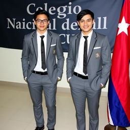 Attractive young adults in school uniforms, featuring gray trousers, white shirts, and black ties