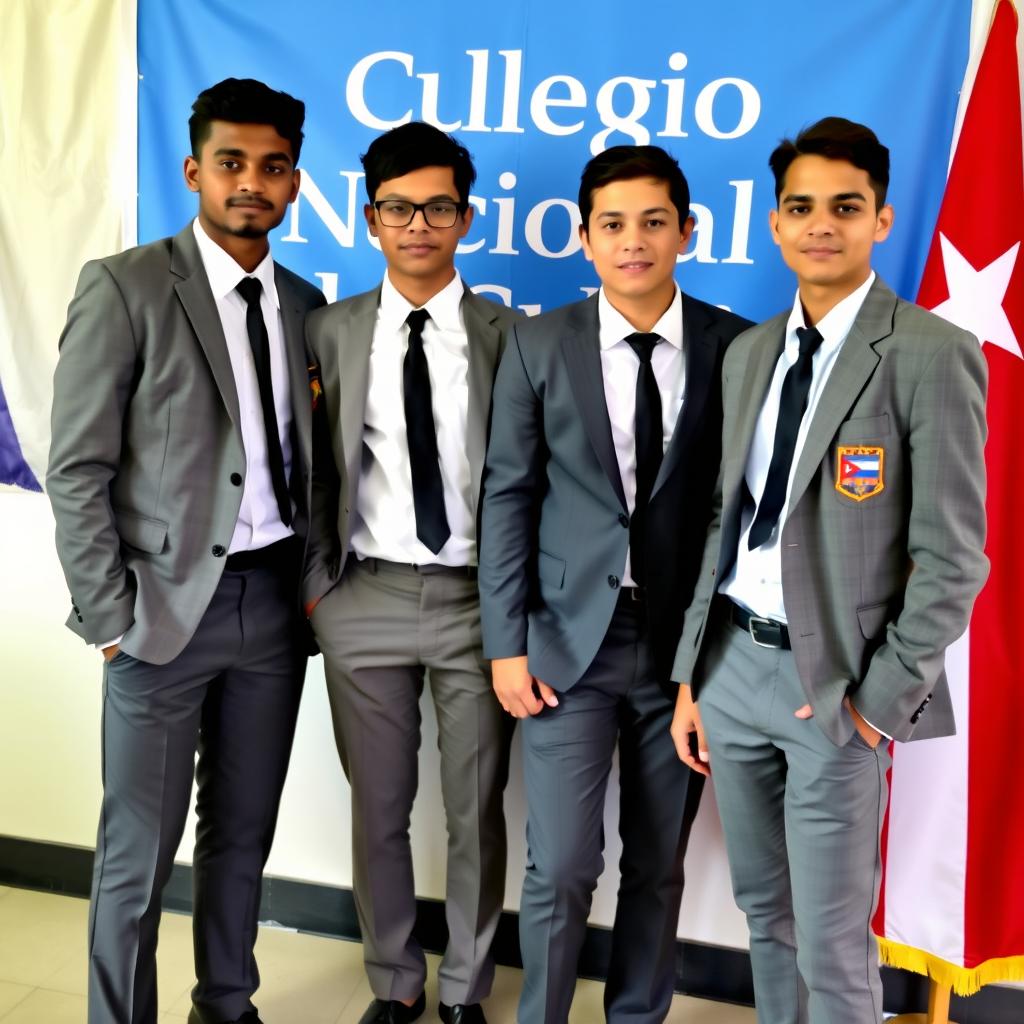 Attractive young adults in school uniforms, featuring gray trousers, white shirts, and black ties