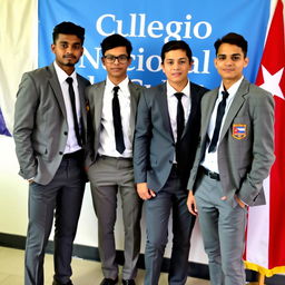 Attractive young adults in school uniforms, featuring gray trousers, white shirts, and black ties