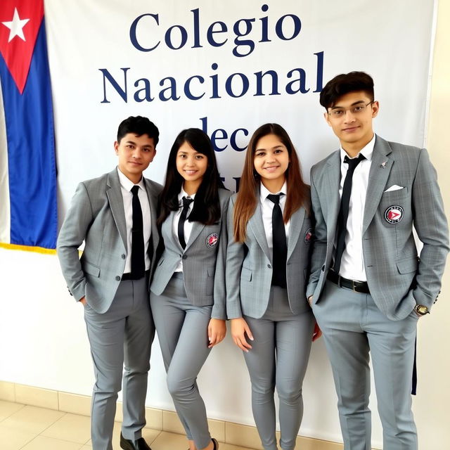 Attractive young adults in school uniforms, featuring gray trousers, white shirts, and black ties