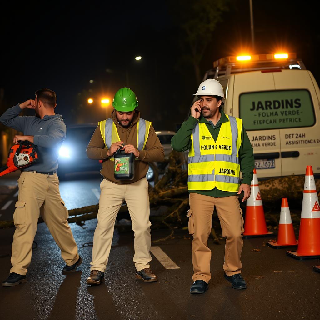 On a dark road at night, a team of three men is depicted