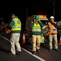 On a dark road at night, a team of three men is depicted