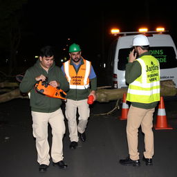 On a dark road at night, a team of three men is depicted
