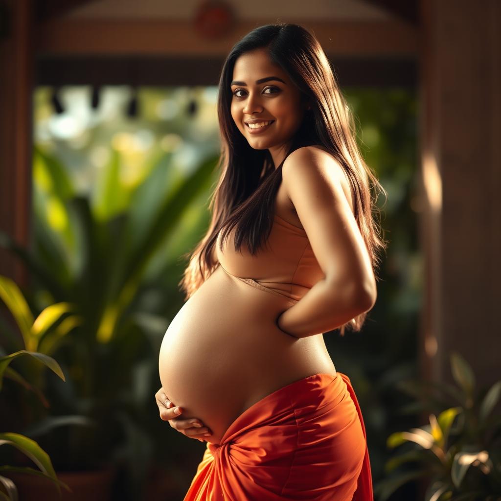 A stunning portrait of a beautiful Indian pregnant woman standing confidently, showcasing her round and graceful form