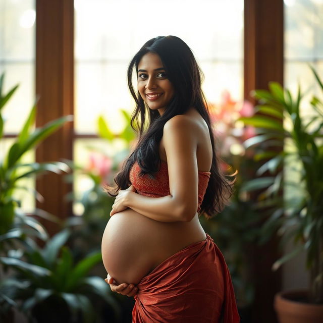 A stunning portrait of a beautiful Indian pregnant woman standing confidently, showcasing her round and graceful form