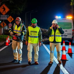 On a road at night, a team of three men is portrayed