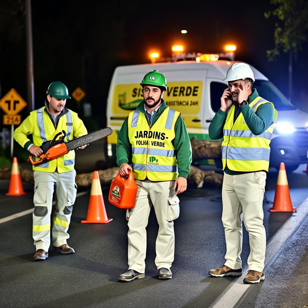 On a road at night, a team of three men is portrayed