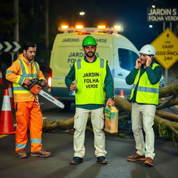 On a road at night, a team of three men is portrayed