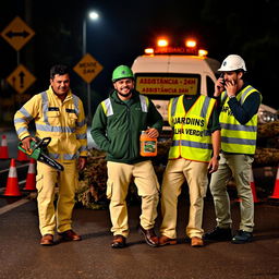 On a road at night, a team of three men is portrayed
