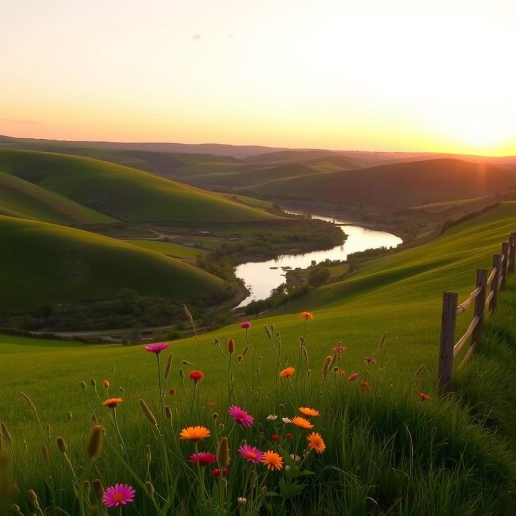 A serene countryside landscape during golden hour, featuring rolling green hills, a picturesque winding river reflecting the warm hues of sunset