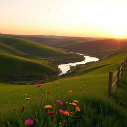 A serene countryside landscape during golden hour, featuring rolling green hills, a picturesque winding river reflecting the warm hues of sunset