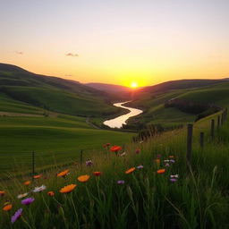A serene countryside landscape during golden hour, featuring rolling green hills, a picturesque winding river reflecting the warm hues of sunset