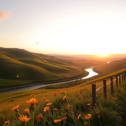 A serene countryside landscape during golden hour, featuring rolling green hills, a picturesque winding river reflecting the warm hues of sunset