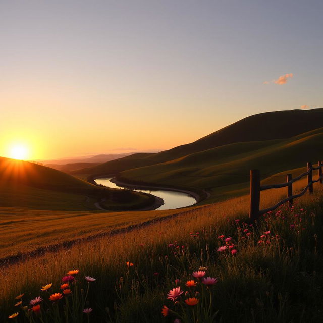 A serene countryside landscape during golden hour, featuring rolling green hills, a picturesque winding river reflecting the warm hues of sunset