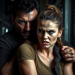 A 40-year-old man with an intense expression, gripping the neck of a young woman, who looks around 20 years old, displaying a fierce look of anger on her face