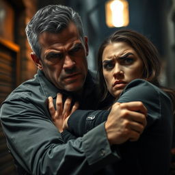 A 40-year-old man with an intense expression, gripping the neck of a young woman, who looks around 20 years old, displaying a fierce look of anger on her face