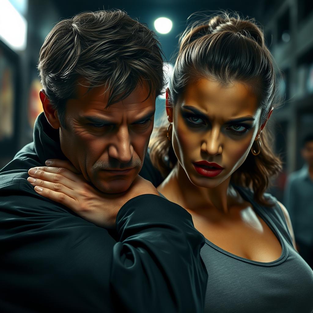 A 40-year-old man with an intense expression, gripping the neck of a young woman, who looks around 20 years old, displaying a fierce look of anger on her face