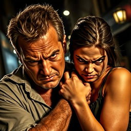 A 40-year-old man with an intense expression, gripping the neck of a young woman, who looks around 20 years old, displaying a fierce look of anger on her face