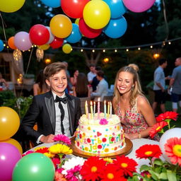 Mason and Grace Clinton celebrating a vibrant birthday party outdoors, surrounded by colorful balloons and a beautiful cake on a table