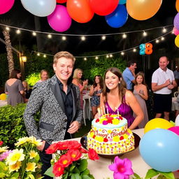 Mason and Grace Clinton celebrating a vibrant birthday party outdoors, surrounded by colorful balloons and a beautiful cake on a table