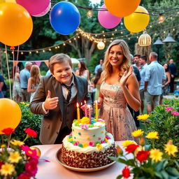 Mason and Grace Clinton celebrating a vibrant birthday party outdoors, surrounded by colorful balloons and a beautiful cake on a table