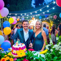 Mason and Grace Clinton celebrating a vibrant birthday party outdoors, surrounded by colorful balloons and a beautiful cake on a table