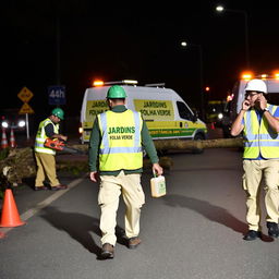 On a road at night, a team of three men is at work