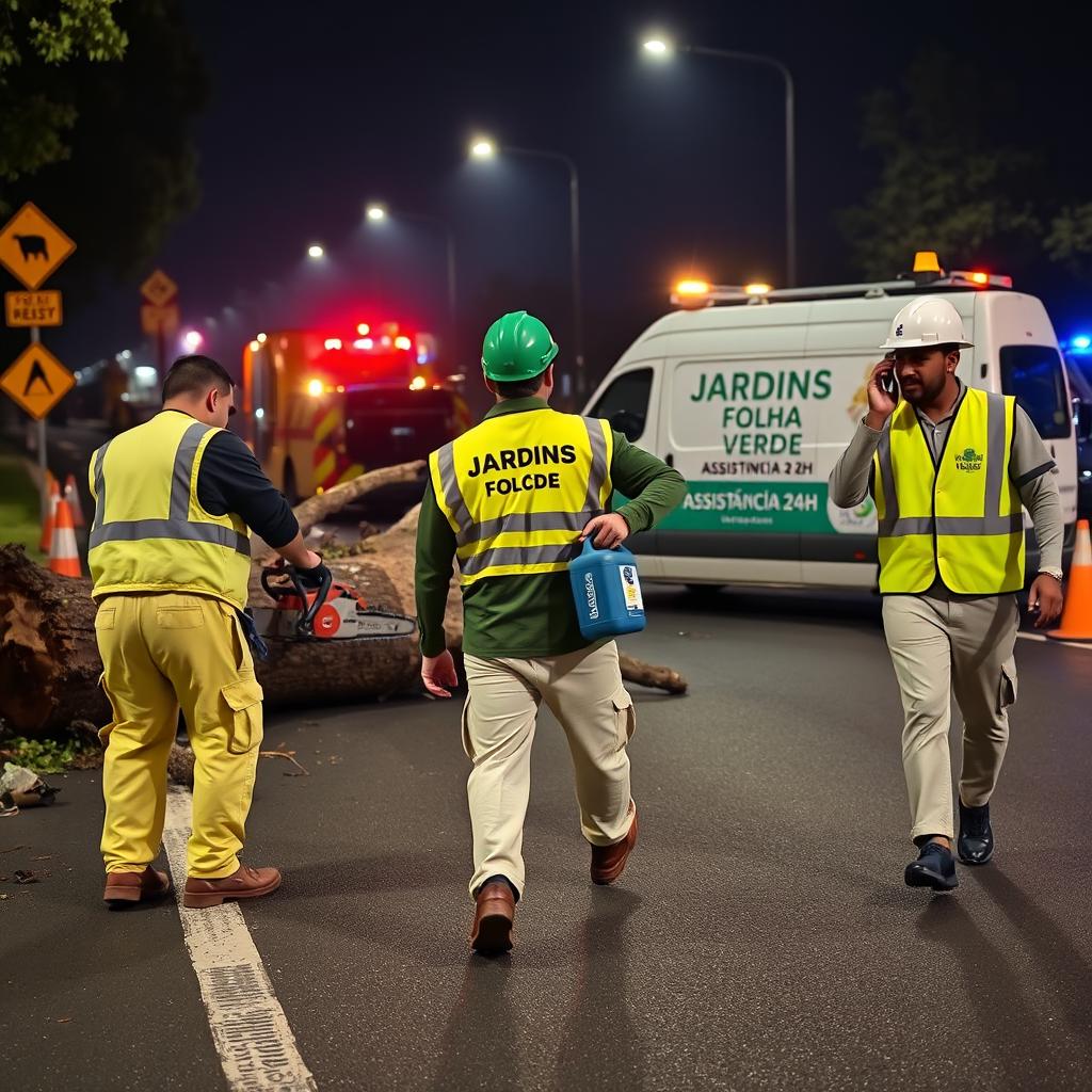 On a road at night, a team of three men is at work
