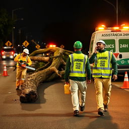 On a road at night, a team of three men is at work