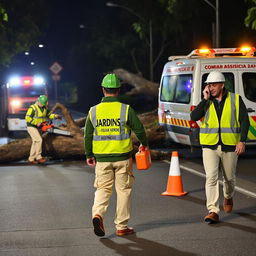 On a road at night, a team of three men is at work