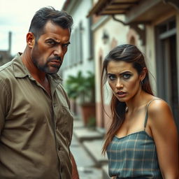 A 40-year-old Cuban man with a stern and angry expression, confronting a 25-year-old Cuban woman who looks frightened