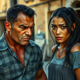A 40-year-old Cuban man with a stern and angry expression, confronting a 25-year-old Cuban woman who looks frightened