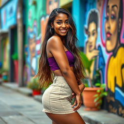 A 25-year-old Cuban woman confidently posing in a vibrant urban setting