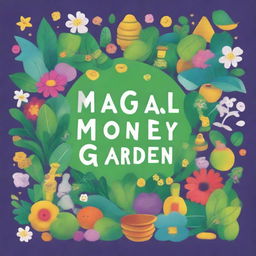 A high-quality digital art piece, depicting the cover of a children's book titled 'A Magical Money Garden'