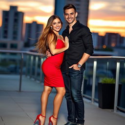 A sizzling hot couple standing closely together, exuding chemistry and passion