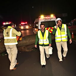 On a dark road at night, a team of three men is actively working