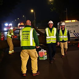 On a dark road at night, a team of three men is actively working