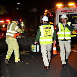 On a dark road at night, a team of three men is actively working