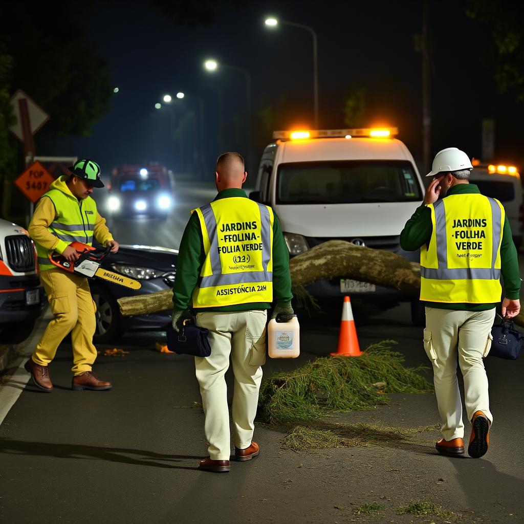 On a dark road at night, a team of three men is actively working