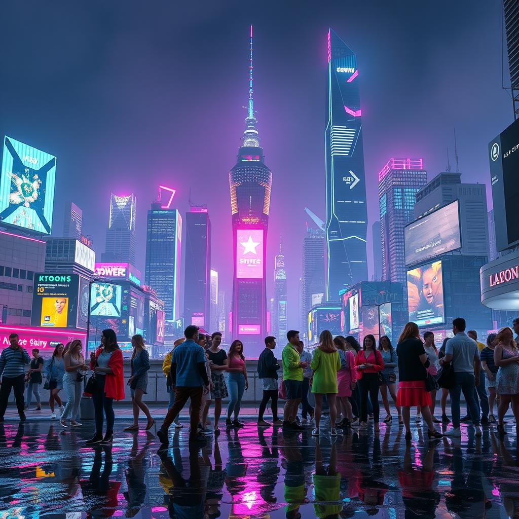 A futuristic, cyberpunk city skyline at night, illuminated by neon lights of pink, blue, and green