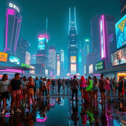 A futuristic, cyberpunk city skyline at night, illuminated by neon lights of pink, blue, and green