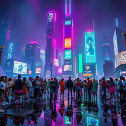 A futuristic, cyberpunk city skyline at night, illuminated by neon lights of pink, blue, and green