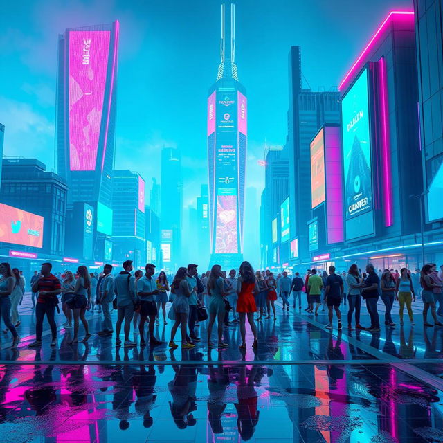 A futuristic, cyberpunk city skyline at night, illuminated by neon lights of pink, blue, and green