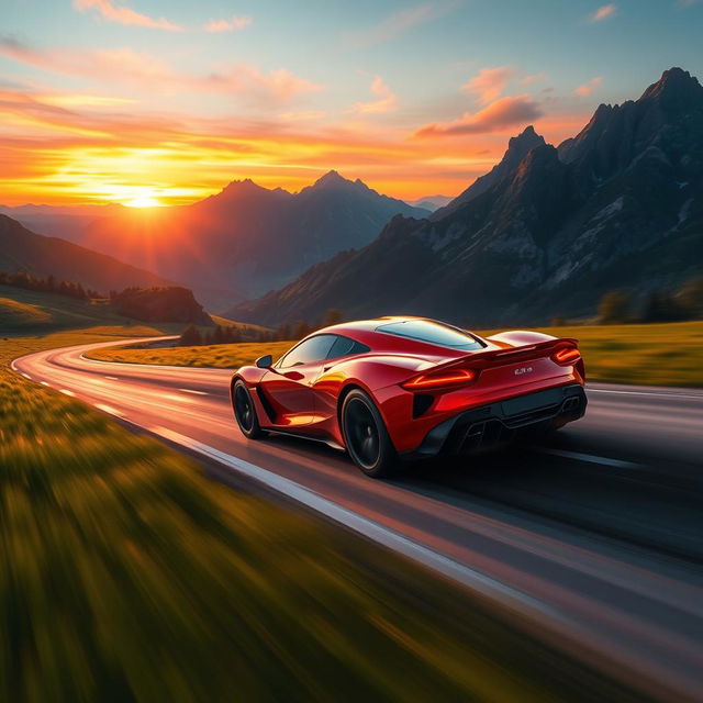 A beautifully crafted digital art piece depicting a sleek and modern sports car, racing through a picturesque landscape at dusk