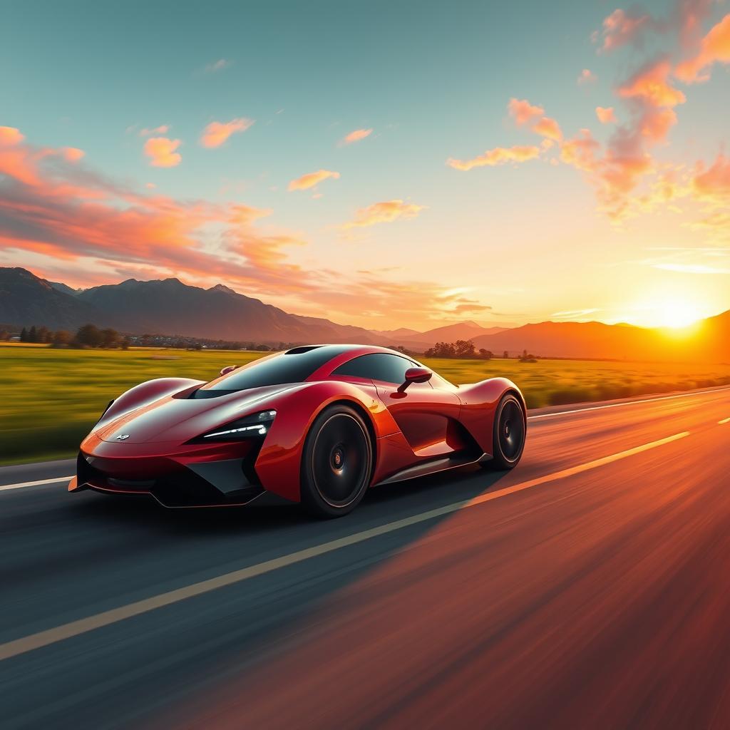 A beautifully crafted digital art piece depicting a sleek and modern sports car, racing through a picturesque landscape at dusk